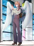  1boy a_hubert angel_wings bag bell-bottoms blue_bow bow bowtie brown_bag brown_eyes brown_footwear brown_hair brown_pants chain_paradox city clouds cuff_links day full_body hair_over_one_eye hair_over_shoulder hair_ribbon handbag high-waist_pants high_heels highres holding holding_phone indoors loafers long_hair long_sleeves looking_at_phone low_ponytail male_focus pants phone pillar red_ribbon ribbon satono_omo shirt shirt_tucked_in shoes smile solo standing white_bow white_bowtie white_shirt white_wings window wings 