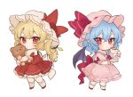  2girls ascot blonde_hair blue_hair bobby_socks bow brooch chibi cup flandre_scarlet frilled_hat frills hat hat_ribbon holding holding_cup holding_plate hugging_object jewelry medium_hair multiple_girls paragasu_(parags112) pink_hat pink_shirt pink_skirt plate pointy_ears puffy_short_sleeves puffy_sleeves red_ascot red_eyes red_footwear red_ribbon red_skirt red_vest remilia_scarlet ribbon shirt short_sleeves side_ponytail simple_background skirt skirt_set socks standing stuffed_animal stuffed_toy teacup teddy_bear touhou vest waist_bow white_background white_hat white_socks 