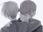  2boys baseball_cap blush covering_another&#039;s_mouth danganronpa_(series) danganronpa_v3:_killing_harmony dual_persona grey_background hair_between_eyes hand_over_another&#039;s_mouth hat jacket long_sleeves looking_at_another male_focus multiple_boys portrait saihara_shuichi sawaki_(2d1ty) short_hair simple_background sweatdrop 