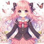  1girl :d ahoge black_jacket blazer blush bow bowtie bug butterfly cherry_blossoms closed_mouth dot_nose flower frills hair_bow hair_ornament jacket long_hair long_sleeves looking_at_viewer non-web_source pink_butterfly pink_flower pink_hair pink_skirt pleated_skirt red_bow red_bowtie sailor_collar school_uniform serafuku skirt smile solo upper_body violet_eyes wavy_hair white_sailor_collar 