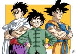  3boys black_hair blonde_hair blue_shirt brothers cape chinese_clothes cowboy_shot crossed_arms dated dougi dragon_ball dragon_ball_super dragon_ball_super_super_hero father_and_son forest_1988 glasses goku_day green_jacket grin group_picture hands_on_own_hips jacket looking_at_viewer male_focus medium_hair multiple_boys muscular muscular_male orange_pants orange_shirt pants purple_shirt red_sash sash shirt short_hair short_sleeves siblings signature sleeveless sleeveless_shirt smile son_gohan son_goku son_goten spiky_hair v-neck white_cape yellow_background 