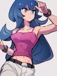  1girl ai-generated belt blue_eyes blue_hair bracelet breasts crop_top jewelry long_hair midriff midriff_peek navel pants pink_tank_top pokemon pokemon_hgss rewin_(nobabys_perfect) sabrina_(pokemon) serious stomach tank_top white_pants 