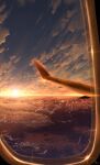  absurdres aircraft airplane airplane_wing city city_lights clouds cloudy_sky commentary_request highres hkcutie horizon lens_flare no_humans ocean original scenery signature sky sunset window wings 