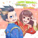 2boys blue_eyes bowl_cut brown_hair chinese_clothes confetti fang fatal_fury happy_birthday highres jin_chonrei jin_chonshu jinko_nemui looking_at_viewer multicolored_hair multiple_boys red_eyes slit_pupils smile spiky_hair streaked_hair 