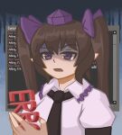  1girl black_necktie brown_hair duhota hat highres himekaidou_hatate necktie open_mouth pointy_ears puffy_short_sleeves puffy_sleeves shaded_face shirt short_sleeves solo tokin_hat touhou twintails upper_body violet_eyes white_shirt 