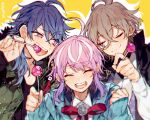  3boys ahoge amemura_ramuda arisugawa_dice black_shirt blue_hair blue_jacket brown_hair closed_eyes closed_mouth fling_posse gradient_hair green_eyes green_vest hand_up hood hood_down hooded_jacket hypnosis_mic jacket looking_at_another looking_to_the_side multicolored_hair multiple_boys neck_ribbon one_eye_closed open_mouth pink_hair pink_ribbon purple_hair ribbon sapphire_(nine) shirt simple_background smile streaked_hair vest violet_eyes white_shirt yellow_background yumeno_gentaro 