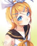  1girl absurdres bare_shoulders black_sailor_collar blonde_hair blue_eyes bow bow_hairband breasts collarbone gradient_background hair_bow hair_ornament hairband hairclip highres kagamine_rin light_blush looking_at_viewer mai_mugi neckerchief puckered_lips sailor_collar sailor_shirt shirt short_hair sideways_glance sleeveless sleeveless_shirt small_breasts solo swept_bangs vocaloid white_bow white_hairband white_shirt yellow_neckerchief 