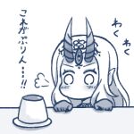  1girl blush fate/grand_order fate_(series) food greyscale hands_up horns ibaraki_douji_(fate) long_hair monochrome o_o oni plate pointy_ears portrait pudding simple_background solo translation_request white_background yuya090602 