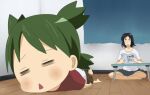  1boy 1girl =_= big_head black_hair folding_table green_hair jacky_(artist) koiwai_yotsuba lying lying_on_floor mr._koiwai on_floor on_stomach perspective reading shirt small_sweatdrop table triangle_mouth white_shirt yotsubato! 