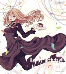  1girl :d black_bow black_dress black_jacket black_pantyhose bow character_name confetti dress eyepatch floating_hair happy_birthday high_heels highres higyaku_no_noel holding holding_plate jacket light_brown_hair long_hair long_sleeves nanoko noel_cerquetti open_clothes open_jacket open_mouth pantyhose plate pumps red_eyes smile solo straight_hair twitter_username very_long_hair 