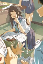  2boys 2girls black_hair blurry blurry_foreground book chair chitanda_eru closed_eyes fukube_satoshi fuyuhino hand_on_table highres hyouka ibara_mayaka kneeling laughing long_hair multiple_boys multiple_girls oreki_houtarou paper reading school_uniform table 