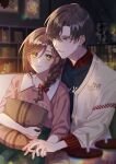  1boy 1girl artem_wing_(tears_of_themis) black_sweater_vest blue_eyes blurry blurry_background blurry_foreground book bookshelf bow braid braided_ponytail brown_hair brown_sweater closed_mouth collared_shirt couch genshin_impact green_eyes hair_bow hair_ornament hairclip hetero highres hizaki_sui holding_hands homu_(honkai_impact) honkai_(series) honkai_impact_3rd indoors long_hair long_sleeves mihoyo pillow pink_sweater red_bow red_shirt rosa_(tears_of_themis) shirt short_hair sitting slime_(genshin_impact) smile sweater sweater_vest tears_of_themis tumbler white_shirt 