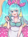  1girl blue_eyes blue_hair borrowed_design can cillia cola drink_can hatsune_miku highres polka_dot solo twintails vocaloid 