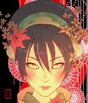  1girl absurdres avatar:_the_last_airbender avatar_legends black_hair commentary eva_(invisibleninja12) flower green_hairband hair_between_eyes hair_flower hair_ornament hairband highres lips lipstick looking_at_viewer makeup pink_flower pink_lips portrait red_flower short_hair signature solo toph_bei_fong translation_request 