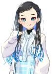 1girl 22/7 :q black_hair blue_eyes blue_hair furumoto highres jacket long_hair long_sleeves multicolored_hair necktie nishiura_sora plaid_clothes plaid_skirt shirt simple_background skirt solo striped_necktie tongue tongue_out two_side_up white_background white_jacket white_shirt 
