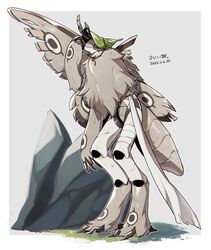  1other androgynous antennae arthropod_tail bandaged_leg bandages border bug claws extra_pupils from_side full_body furry grey_background hand_up hat highres insect_wings leaf_hat moth moth_wings original other_focus rock sannota272 solo standing white_border wings 