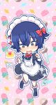  1girl alternate_costume apron blue_eyes blue_hair bow bowtie chibi doughnut embarrassed food fork grey_eyes ice_cream jiulinteng maid maid_apron maid_headdress omelet omurice persona persona_4 red_bow red_bowtie reverse_trap ribbon shirogane_naoto short_hair solo tomboy 