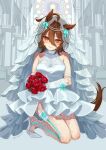 1girl agnes_tachyon_(umamusume) ahoge animal_ears arm_strap armpit_crease blush bouquet breasts bridal_gauntlets bridal_veil brown_hair cathedral dress ears_through_headwear emil1030_blue fishnet_thighhighs fishnets flower flustered frilled_dress frilled_veil frills hair_between_eyes high_heels highres holding holding_bouquet horse_ears horse_girl horse_tail huge_ahoge indoors kneeling lace-trimmed_bridal_gauntlets lace_dress large_breasts looking_at_viewer on_floor pillar red_flower see-through see-through_dress see-through_veil short_hair sleeveless sleeveless_dress solo stained_glass tail thigh-highs thighs turtleneck turtleneck_dress umamusume veil white_bridal_gauntlets white_dress white_footwear white_thighhighs white_veil 