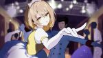  1girl blonde_hair blurry blurry_background dress elbow_gloves eyes_visible_through_hair gloves hell_fuuna highres holding_hands looking_at_viewer natsume_itsuki_(voice_actor) open_mouth short_hair white_gloves yellow_eyes 
