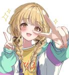  1girl blonde_hair blush braid commentary double_v fang foreshortening fujita_kotone gakuen_idolmaster hair_ribbon highres idolmaster jacket long_hair looking_at_viewer multicolored_clothes multicolored_jacket opera_(rawz3335) ribbon shirt simple_background smile solo sparkle symbol-only_commentary twin_braids upper_body v white_background yellow_eyes yellow_shirt 