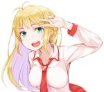  1girl antenna_hair aqua_eyes ayakura_juu blonde_hair breasts character_request collared_shirt commentary_request copyright_request long_hair looking_at_viewer medium_breasts open_mouth shirt simple_background smile solo upper_body v white_background 