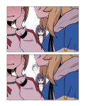  2girls 3girls blue_hoodie blurry blurry_background blurry_foreground blush brown_hair commentary depth_of_field giving_up_the_ghost hand_on_own_face highres hood hoodie kouzuki_mahiru licking_lips long_hair meyshi multiple_girls open_mouth parted_lips purple_hair shirt simple_background takanashi_kim_anouk_mei tongue tongue_out white_background white_shirt yamanouchi_kano yoru_no_kurage_wa_oyogenai yuri 