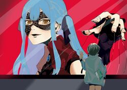  1girl absurdres bang_dream! bang_dream!_it&#039;s_mygo!!!!! billboard black_mask black_ribbon blue_brooch blue_hair commentary english_commentary grey_hair hair_ribbon highres jacket long_hair long_sleeves looking_at_viewer mask masquerade_mask meme neinthedeer open_mouth puffy_short_sleeves puffy_sleeves red_shirt ribbon shirt short_hair short_sleeves sidelocks signature takamatsu_tomori teeth togawa_sakiko two_side_up upper_teeth_only veil_scene_14_redraw_(meme) white_jacket yellow_eyes 