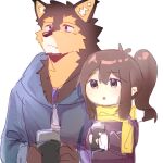  1boy 1girl animal_ears blue_jacket brown_eyes brown_hair brown_jacket chibi claws dog_boy dog_ears female_protagonist_(live_a_hero) furry furry_male highres holding_thermos hood hooded_jacket jacket live_a_hero ponytail pubraseer_(live_a_hero) scarf violet_eyes wang_yzzx white_background yellow_scarf 