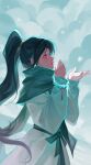  1girl black_bow black_hair bow brown_eyes clouds earrings green_scarf highres jacket jewelry long_hair looking_up open_hand parted_lips sage_(valorant) scarf snowing solo valorant very_long_hair wan_wan white_jacket 