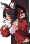  1girl animal_ear_fluff animal_ears barcode bell black_hair cat_ears cat_girl cat_tail corset dark-skinned_female dark_skin facial_mark fang forehead_mark forehead_tattoo hairband jamir long_hair looking_at_viewer multiple_tails neck_bell nekomiya_mana red_corset red_eyes red_hairband red_sleeves simple_background skin_fang solo strapless tail triangle_facial_mark tube_top zenless_zone_zero 