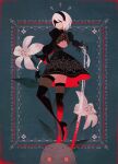  1girl 2b_(nier:automata) black_blindfold black_dress black_footwear black_gloves black_hairband black_thighhighs blindfold blood blood_on_clothes blood_on_weapon blue_background boots border closed_mouth covered_eyes dress flower foot_out_of_frame frilled_sleeves frills full_body gloves grey_hair hairband hand_on_hilt high_heel_boots high_heels highres holding holding_sword holding_weapon juliet_sleeves katana long_sleeves machine_(nier) mole mole_under_mouth namiki_kazama nier:automata nier_(series) ornate_border puffy_sleeves robot short_hair signature solo sword thigh-highs weapon 