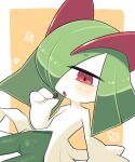  bags_under_eyes colored_skin green_hair hair_over_one_eye half-closed_eyes highres horns ino_(tellu0120) kirlia multicolored_skin open_mouth orange_background pink_eyes pokemon pokemon_(creature) sidelocks simple_background soybean two-tone_skin white_skin 