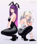  2girls animal_ears cesar_art456 detached_collar earrings fern_(sousou_no_frieren) frieren green_eyes high_heels highres jewelry long_hair looking_at_viewer multiple_girls necktie pantyhose playboy_bunny purple_hair rabbit_ears simple_background sousou_no_frieren squatting violet_eyes white_hair wrist_cuffs 