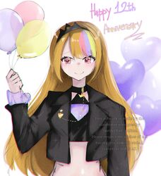  1girl balloon black_choker black_jacket blonde_hair blue_hair choker closed_mouth crop_top cropped_jacket dot_nose english_text galaco galaco_(black) happy_anniversary heart_balloon highres holding holding_balloon jacket multicolored_hair pink_eyes pink_hair skellychan smile solo streaked_hair tears vocaloid white_background 