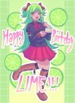  1girl :3 black_jacket brown_footwear buttons cake cake_slice donuqx english_text fang food fork fruit green_background green_hair green_theme hair_ribbon happy_birthday highres holding holding_fork holding_plate jacket juliet_sleeves leg_up light_blush lime_(fruit) lime_(witch&#039;s_heart) long_hair long_sleeves looking_at_viewer open_mouth outline plate pleated_skirt puffy_sleeves red_eyes red_ribbon red_skirt ribbon short_twintails skirt solo twintails very_long_hair white_outline witch&#039;s_heart 