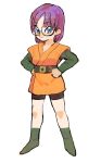  1girl belt bike_shorts blue_eyes chrono_trigger closed_mouth full_body gan2 glasses highres looking_at_viewer lucca_ashtear purple_hair round_eyewear short_hair simple_background skirt solo white_background 