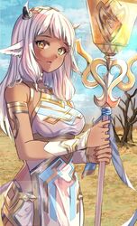  1girl animal_ear_piercing animal_ears ash_(fire_emblem) bare_tree black_horns blue_sky breasts clouds cow_ears cow_girl cow_tail dark-skinned_female dark_skin day dress eyelashes fingernails fire_emblem fire_emblem_heroes fuussu_(21-kazin) gold_hairband gold_trim hairband holding holding_staff horns jewelry long_hair medium_breasts neck_ring open_mouth outdoors sky sleeveless sleeveless_dress small_horns solo staff tail tree white_hair white_tail yellow_eyes 