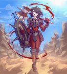  1girl armor axe battle_axe berengaria_(unicorn_overlord) black_hair blue_sky bodysuit breastplate closed_mouth commentary covered_navel english_commentary faulds hair_over_one_eye high_heels highres holding holding_axe holding_shield linderosse red_bodysuit red_eyes shield sky solo spiked_shield sunlight unicorn_overlord walking weapon 