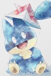  black_eyes blush claws commentary fangs grey_background hat highres munchlax no_humans notice_lines open_mouth pokemon pokemon_(creature) red_hat remedy_matome sitting 