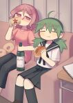 2girls ahoge beer_can black_pants black_sailor_collar black_skirt black_socks blush bottle breasts can closed_eyes closed_mouth couch drink_can drinking drunk eating food futami_ya green_hair hair_between_eyes highres holding holding_bottle holding_can holding_food indoors kneehighs long_hair looking_at_another looking_to_the_side low_twintails medium_breasts medium_hair multiple_girls nose_blush notepad on_couch original pants pink_eyes pink_hair pink_shirt pink_t-shirt pleated_skirt sailor_collar school_uniform serafuku shirt short_sleeves sitting skirt smile socks t-shirt twintails white_shirt yakisobapan\r\n