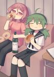  2girls ahoge beer_can black_pants black_sailor_collar black_skirt black_socks blush bottle breasts can closed_eyes closed_mouth couch drink_can drinking drunk eating food futami_ya green_hair hair_between_eyes highres holding holding_bottle holding_can holding_food indoors kneehighs long_hair looking_at_another looking_to_the_side low_twintails medium_breasts medium_hair multiple_girls nose_blush notepad on_couch original pants pink_eyes pink_hair pink_shirt pleated_skirt sailor_collar school_uniform serafuku shirt short_sleeves sitting skirt smile socks t-shirt twintails white_shirt yakisobapan 