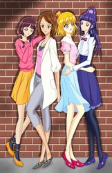  4girls absurdres asahina_mirai brick_wall genesishisyou hand_on_another's_waist highres izayoi_liko katsuki_kana looking_at_another mahou_girls_precure! multiple_girls nagase_mayumi orange_shoes pink_shoes pink_sweater precure white_shirt 