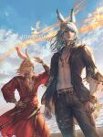  2boys animal_ears beach belt black_jacket blonde_hair blue_eyes blue_lips blue_sky bracelet clouds cloudy_sky copyright_name countdown day dress drinking_horn final_fantasy final_fantasy_xiv hand_on_own_hip highres jacket jewelry laurel_crown male_focus medium_hair multiple_boys navel neck_ring necklace neo_neone ocean open_clothes open_jacket outdoors rabbit_ears red_dress ring shading_eyes sky standing swept_bangs tassel toned toned_male viera warrior_of_light_(ff14) white_hair 