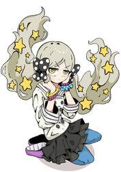  1girl bead_bracelet beads black_ribbon black_skirt blue_pants blue_scrunchie blush bracelet breasts closed_mouth dot_nose floating_hair full_body grey_hair hair_ornament handa_roco hands_on_own_cheeks hands_on_own_face highres idolmaster idolmaster_million_live! idolmaster_million_live!_theater_days jacket jewelry jitome layered_skirt long_hair long_sleeves looking_at_viewer pants pants_under_skirt parted_bangs polka_dot polka_dot_ribbon polka_dot_scrunchie purple_footwear ribbon rumford scrunchie seiza shoes simple_background sitting skirt small_breasts solo star_(symbol) star_hair_ornament v-shaped_eyebrows very_long_hair white_background white_jacket wrist_scrunchie yellow_eyes 