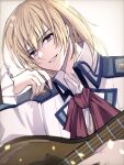  blonde_hair coat eiyuu_densetsu guitar hair_between_eyes holding holding_guitar holding_instrument instrument looking_at_viewer mullet natsusechoco olivert_reise_arnor portrait sen_no_kiseki simple_background smile sora_no_kiseki upper_body violet_eyes white_background 