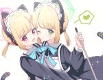  2girls animal_ear_headphones animal_ears apron black_dress blonde_hair blue_archive blush cat_tail closed_mouth dress fake_animal_ears green_eyes green_halo halo headphones heart highres long_sleeves maid maid_apron maid_headdress midori_(blue_archive) midori_(maid)_(blue_archive) momoi_(blue_archive) momoi_(maid)_(blue_archive) multiple_girls official_alternate_costume oguraponti one_eye_closed open_mouth pink_halo red_eyes short_hair siblings simple_background sisters smile spoken_heart tail twins white_apron white_background 