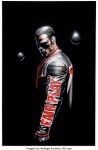  1boy absurdres alex_ross black_background black_hair commentary dc_comics english_commentary english_text floating floating_object gloves gouache_(medium) highres jacket looking_at_viewer male_focus mask mask_on_head mister_terrific official_art orb painting_(medium) science_fiction short_hair solo traditional_media upper_body 