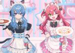  2girls :d alternate_costume animal_ears apron bell black_bow black_bowtie black_gloves black_ribbon black_shirt blue_eyes blue_hair blue_skirt blush bow bowtie cat_ears center_frills closed_mouth collared_shirt cowboy_shot dress enmaided fake_animal_ears fingerless_gloves frilled_apron frilled_shirt frilled_skirt frills gloves green_eyes hair_bell hair_between_eyes hair_ornament hair_over_shoulder hair_ribbon hairclip hand_on_own_hip heart holding holding_plate hololive hoshimachi_suisei indoors jingle_bell long_hair looking_at_viewer low_twintails maid maid_headdress multiple_girls nail_polish name_tag neck_bell neck_ribbon one_eye_closed open_mouth pink_dress pink_nails pink_skirt plate pleated_skirt puffy_short_sleeves puffy_sleeves redhead ribbon sakura_miko shelf shirt short_sleeves shugao sidelocks skirt smile star_(symbol) star_hair_ornament striped_clothes striped_dress striped_skirt twintails two-tone_skirt two_side_up virtual_youtuber watermark white_apron white_wrist_cuffs wrist_cuffs x_hair_ornament 