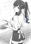  1girl apron back blue_eyes blush carrot_(robosquat) cooking earrings highres indoors jewelry long_hair looking_at_viewer looking_back miniskirt monochrome open_mouth original ponytail shirt skirt solo spot_color stud_earrings thigh-highs zettai_ryouiki 