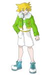  blonde blonde_hair boy green_jacket instagram_username jhonnyboyarts nintendo original_character pokemon pokemon_(creature) pokemon_trainer shorts trainers 